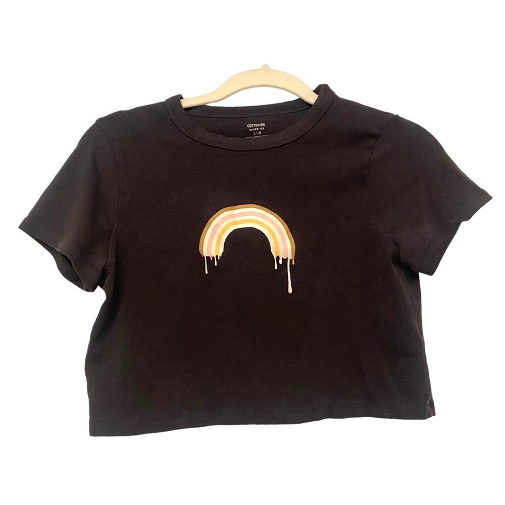 Women's Cotton On Size LARGE Black Micro Tee with Rainbow Print